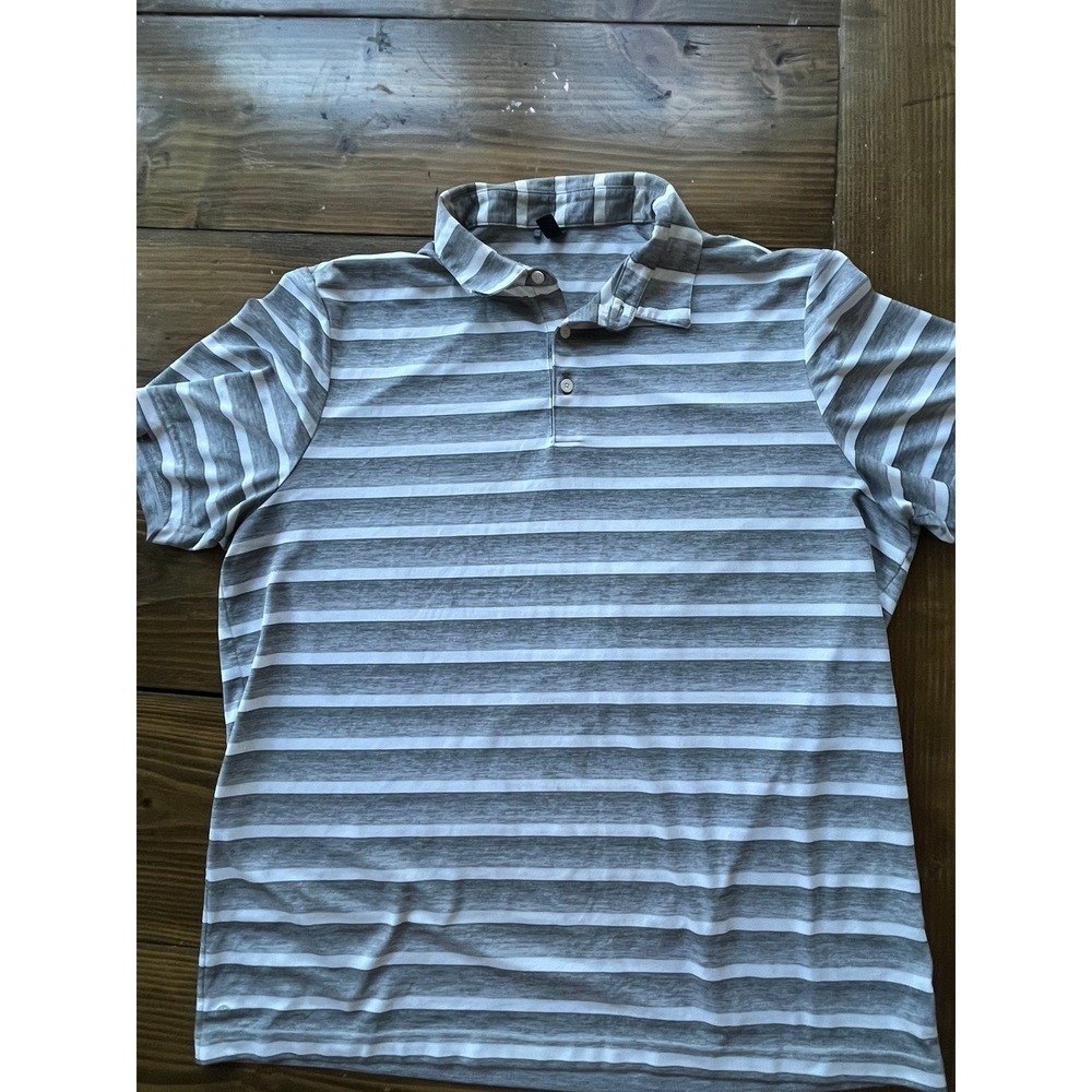 Adidas Mens XL Grey White Striped Short Sleeve Golf Polo Shirt Performance Top